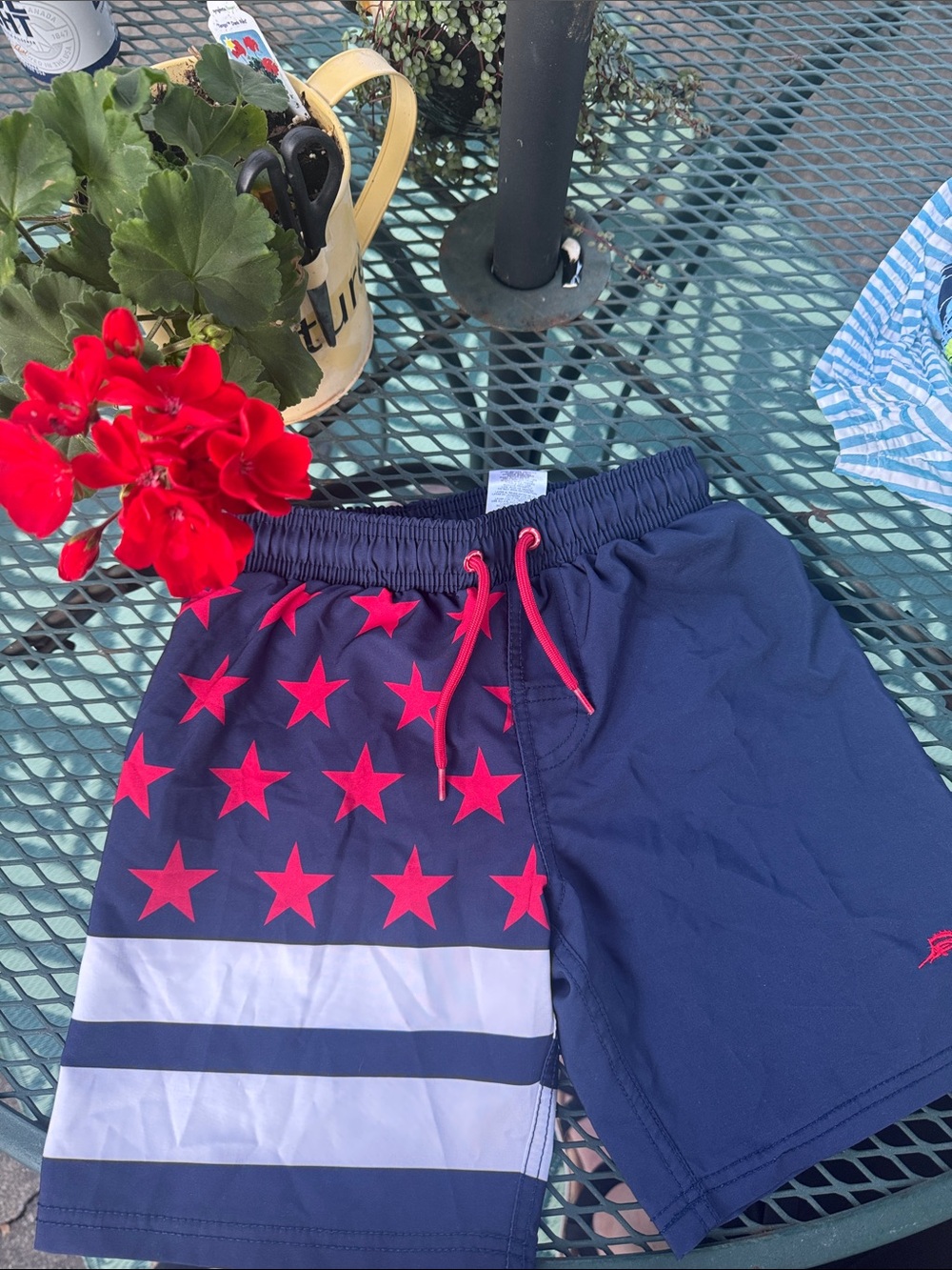 Tommy Bahama Kids Navy Swim Trunks with Red Stars & White Stripes